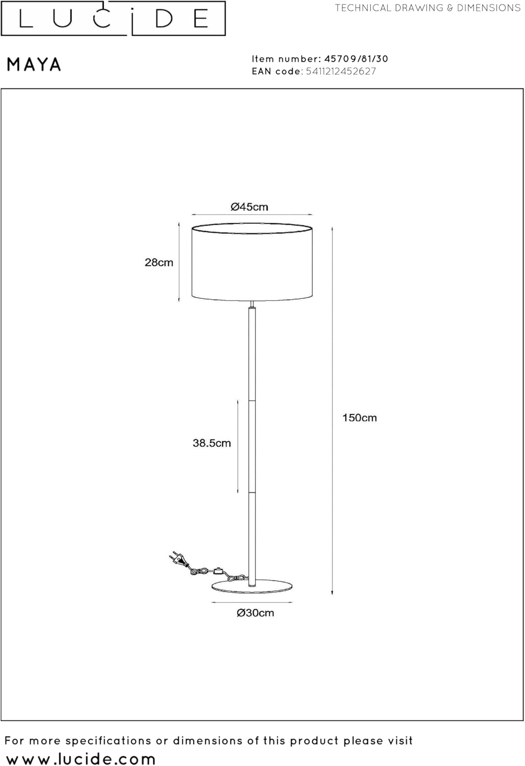 LUCIDE MAYA - Stehlampe - Ø 45 cm - 1xE27 - Schwarz