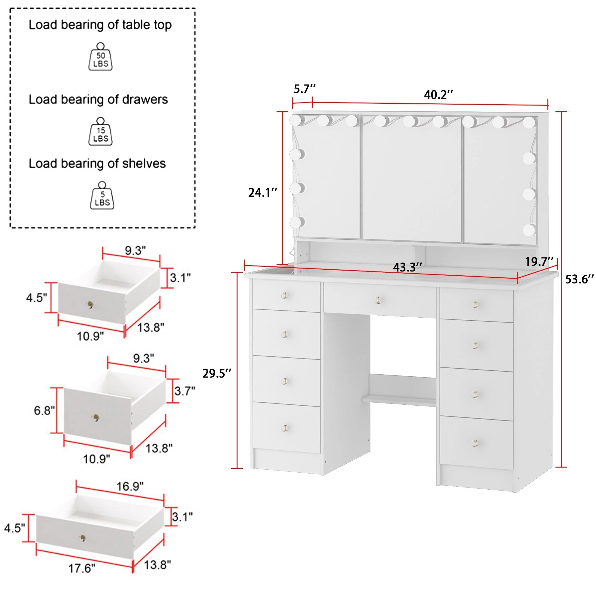 Makeup Vanity w/Tri-Fold Mirror Certified Lighting Glass Top Dresser
