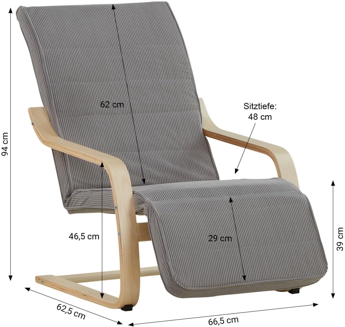Homestyle4u 2636, Stuhl Relaxsessel mit Liegefunktion Schwingsessel Grau mit Armlehne Relaxstuhl Holz Wohnzimmer