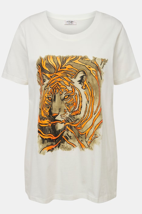 T-Shirt, oversized, Löwen-Motiv, Rundhals, Halbarm