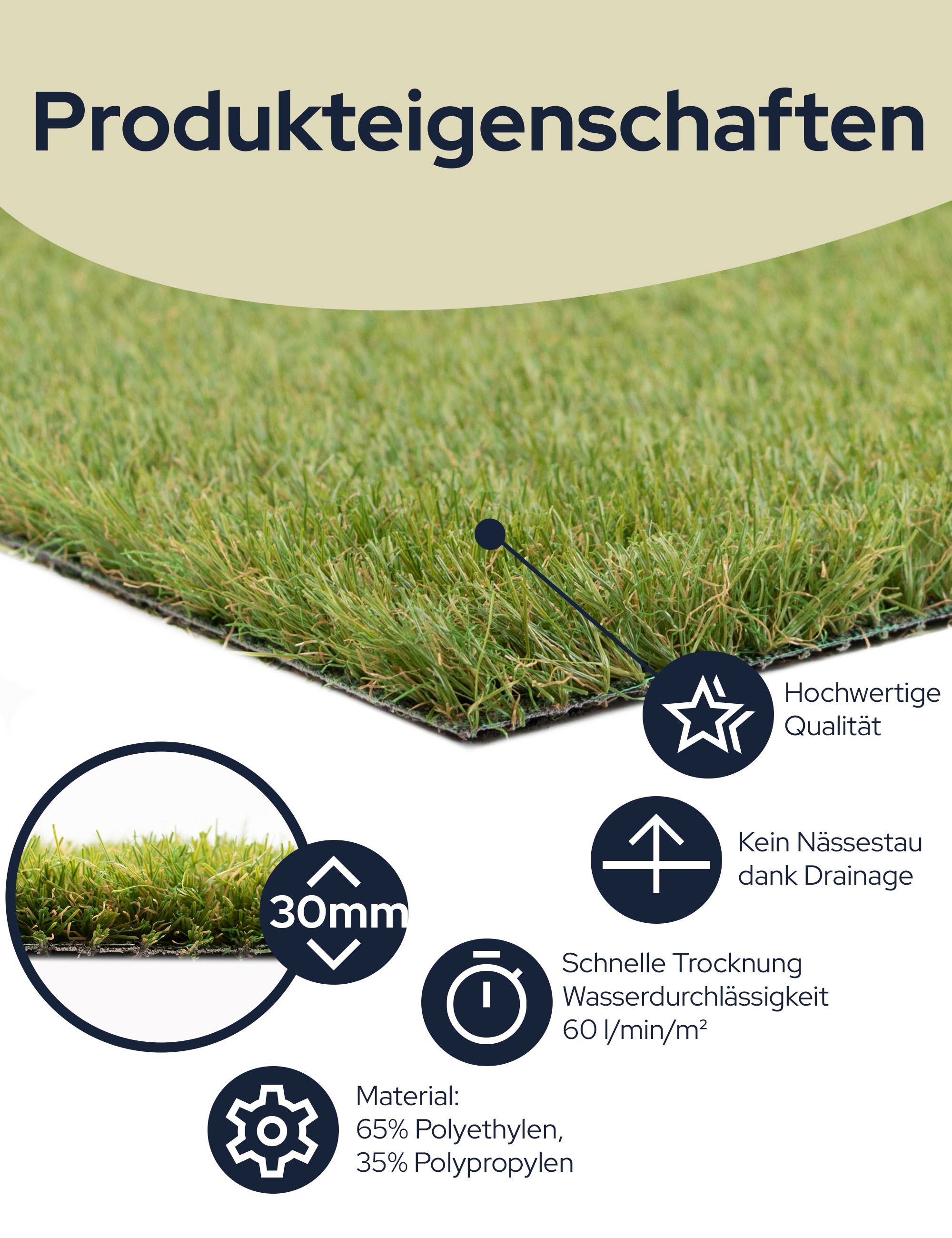 Primaflor-Ideen in Textil Kunstrasen »COLORADO« rechteckig 30 mm Höhe natürliche Optik, mit Drainagefunktion, ideal für Balkon & Terrasse