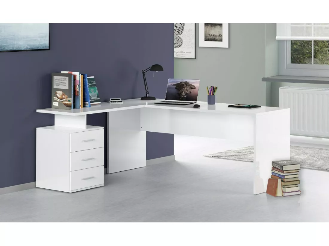 Bureau Dguarin, Bureau d'angle PC, Table de bureau polyvalente, Bureau gain de place multi-positions, 100% Made in Italy, 160x60h75 cm, Blanc brillant