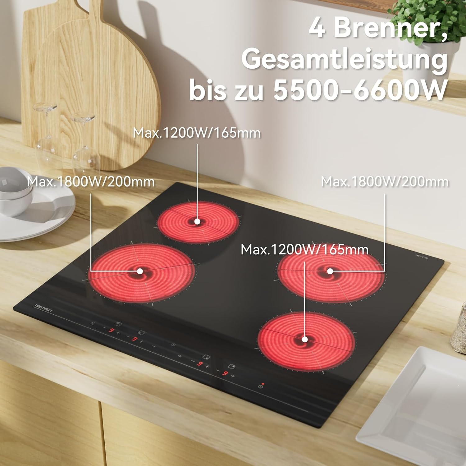 Hermitlux Glaskeramikkochfeld 4 Platten, 59cm, 6600W, 9 Heizstufen, Kein Stecker