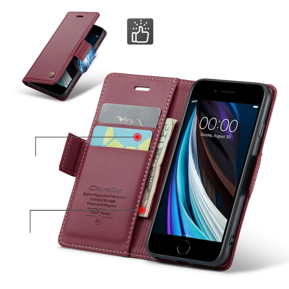 iPhone SE (2022/2020) / 8 / 7 / 6S Leder Tasche Flip Wallet Etui mit Kartenfächern Litchi Look (RFID Schutz) - Rot