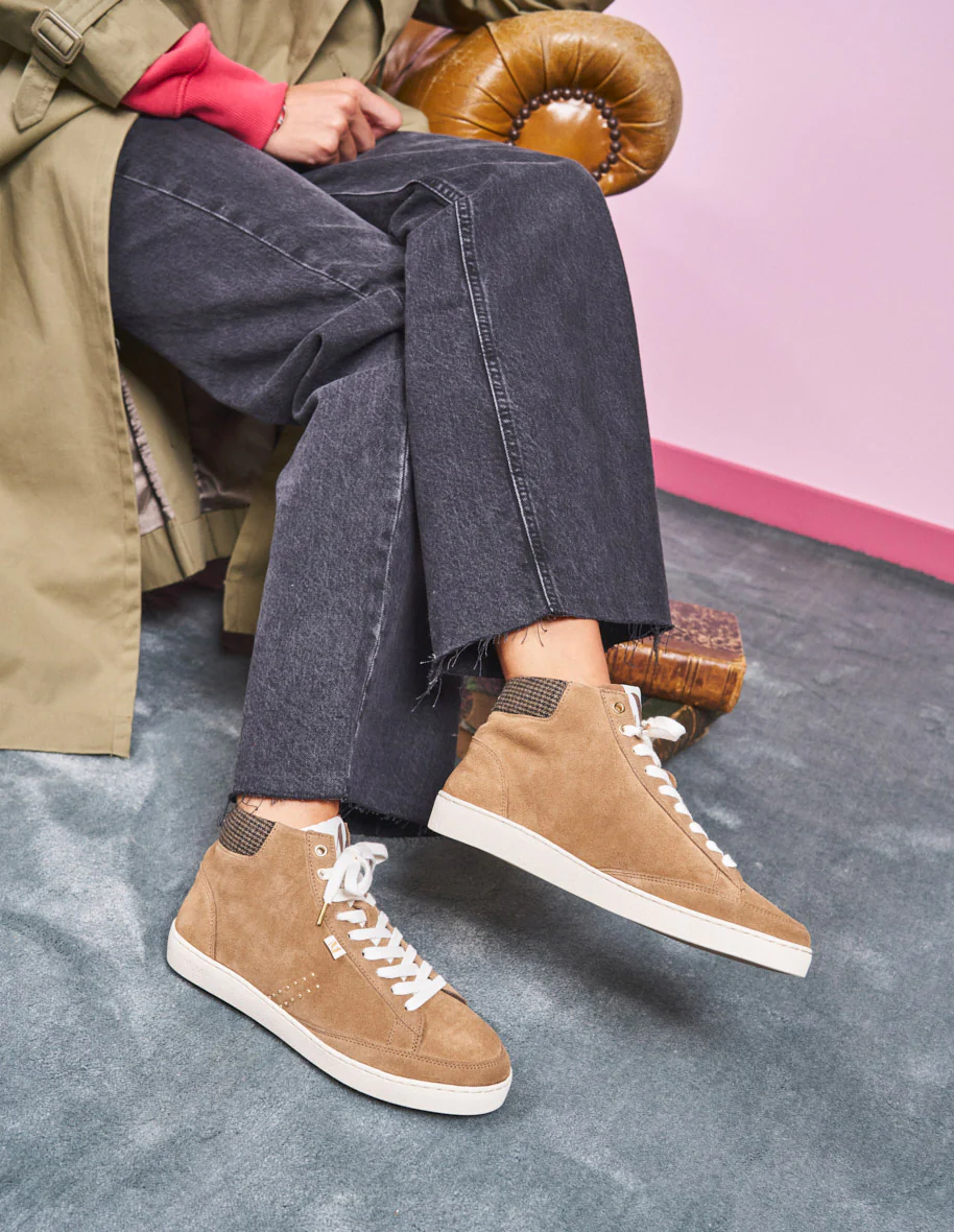 Baskets montantes Alexia - Suède taupe et tweed beige