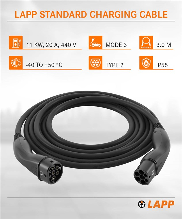 (5m) 11kW/20A Elektroauto Ladekabel 3-phasiges Stromkabel für Hybrid- / E-Autos mit Typ 2 Anschluss (61779) - Schwarz