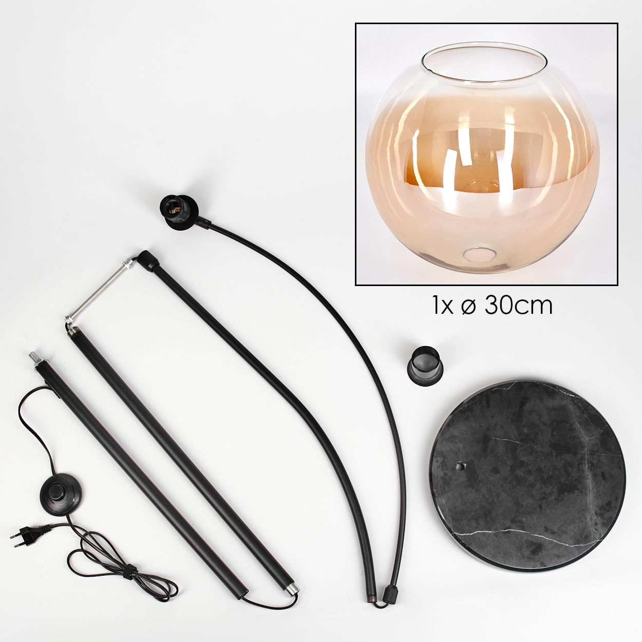 HOFSTEIN Stehleuchte Koyoto, Stehlampe aus Metall/Glas in Schwarz/Bernstein/Klar mit Marmorfuß, verstellbare Leuchte im Retro-Design (Schirm Ø 30 cm), Fußschalter, E27, Wohnzimmer, Schlafzimmer, Flur