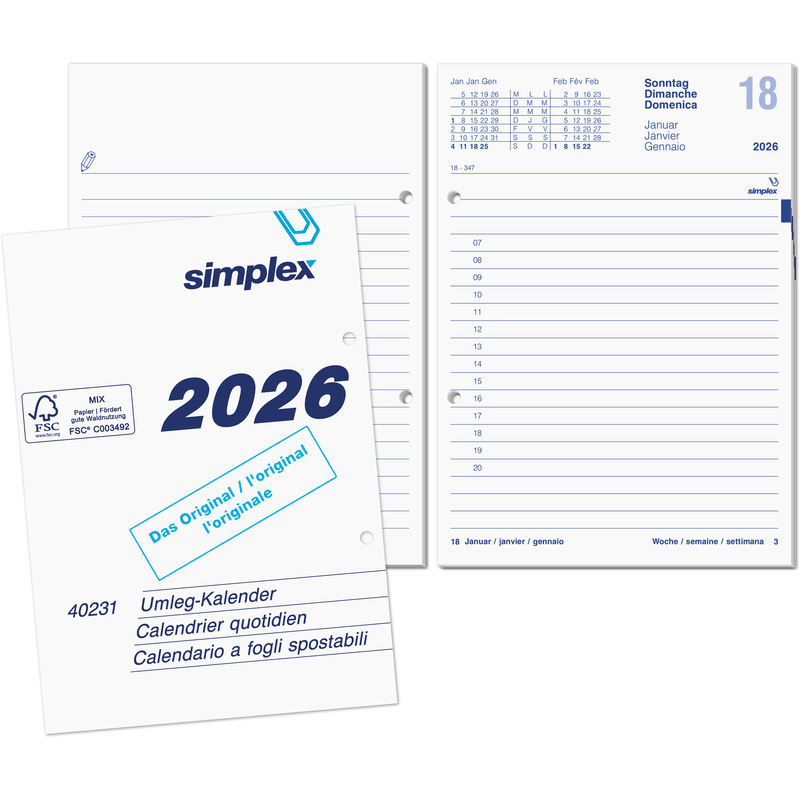 Simplex Umlegekalender 2026, gross, 1 Tag / Seite