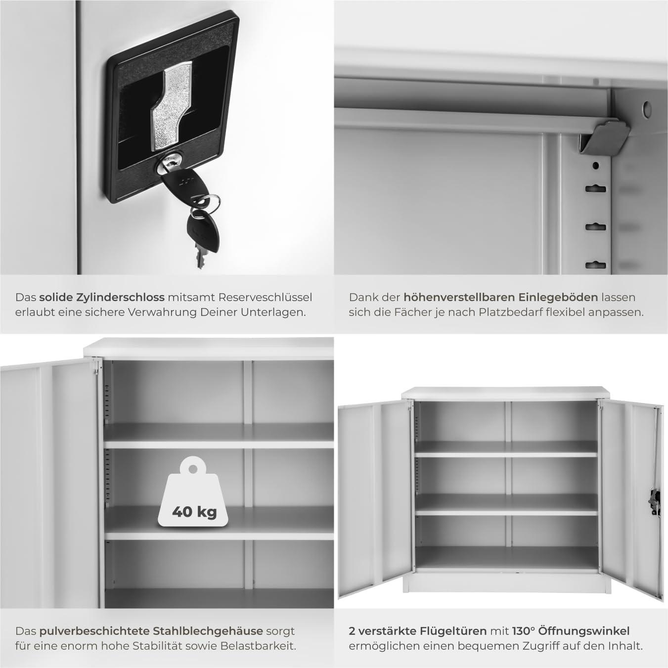 tectake® Aktenschrank abschließbar, Metallschrank mit Sicherheits-Zylinderschloss, Büroschrank abschließbar, Mehrzweckschrank aus Stahl, 3 höhenverstellbare Einlegeböden, 90 x 40 x 90 cm - grau