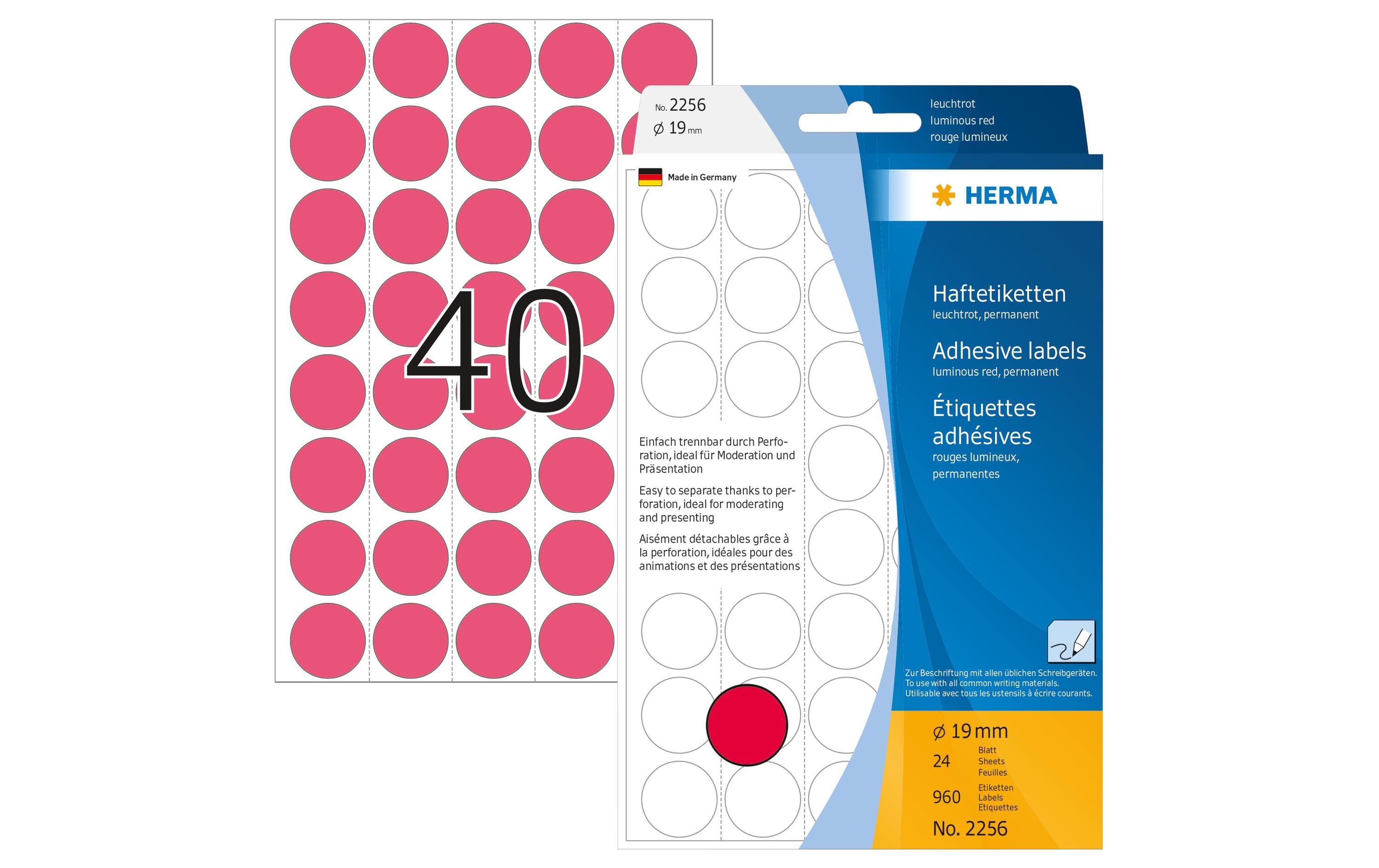 Vielzweck-Etiketten 2256 Leuchtrot Ø 19 mm, 24 BlattSelbstklebende Markierungspunkte