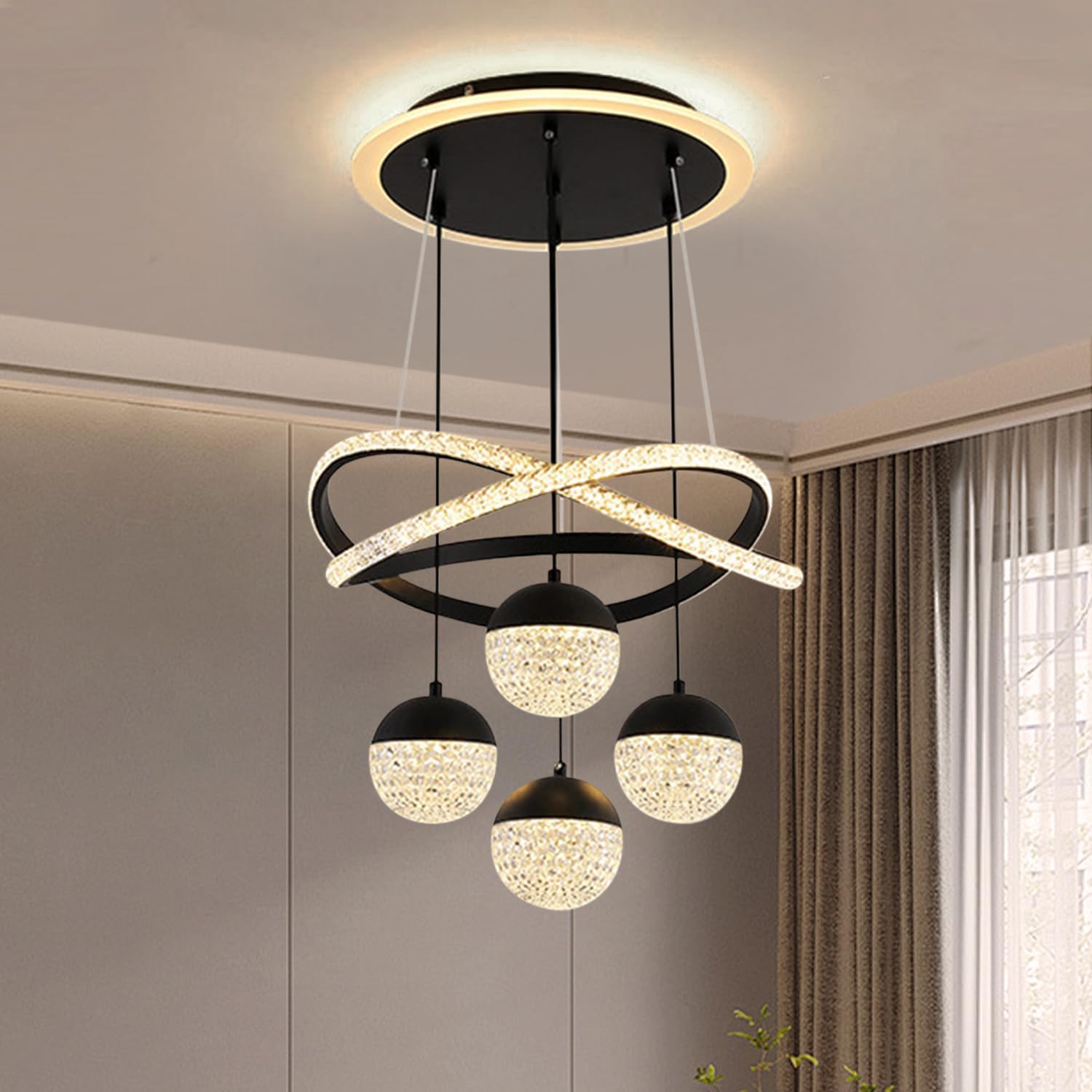 LED Pendelleuchte Schwarz dimmbare mit Fernbedienung 3000k-6500k Moderne 4 Ball Kristall Hängelampe 54W Esszimmerlampe hängend höhenverstellbar Esstischlampe für Wohnzimmer Esszimmer Schlafzimmer