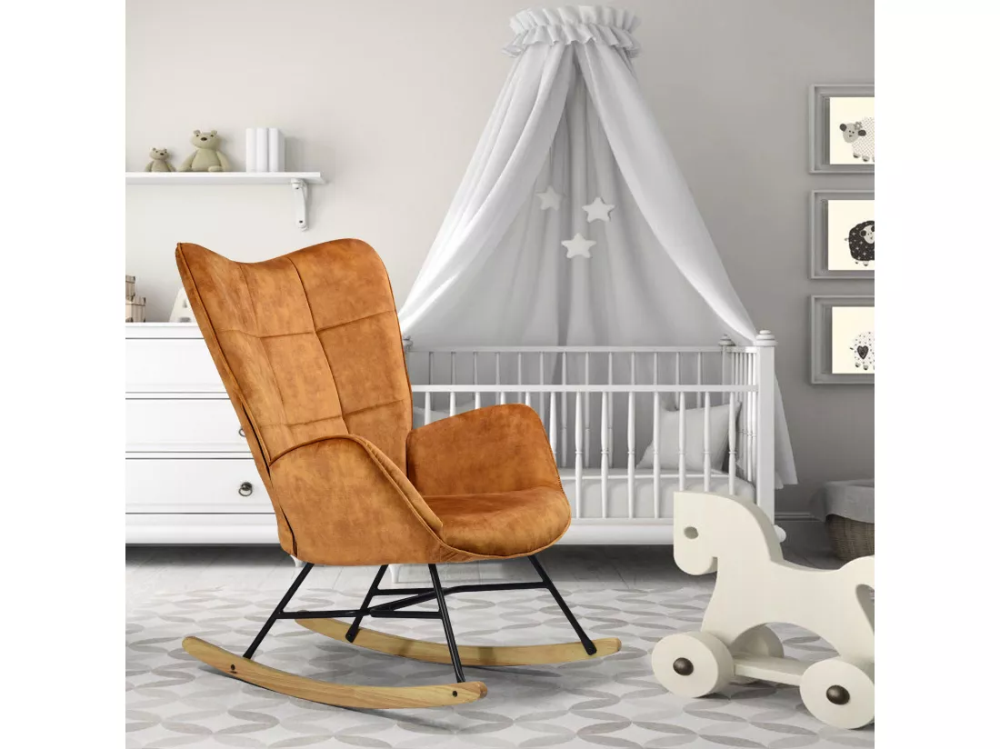 Fauteuil à Bascule Chaise Loisir et Repos Tissus Marron pour Le Salon Salle à Manger Pieds E' Bois Métal, 69 x 84 x 97 cm KELAN MUSTARD