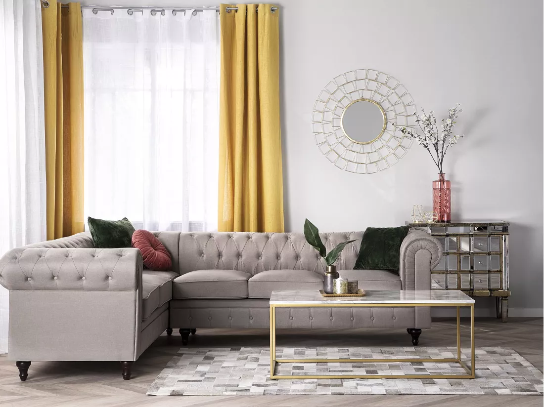 Canapé d'Angle à gauche en Tissu Beige Housse Amovible Assise Large Chesterfield