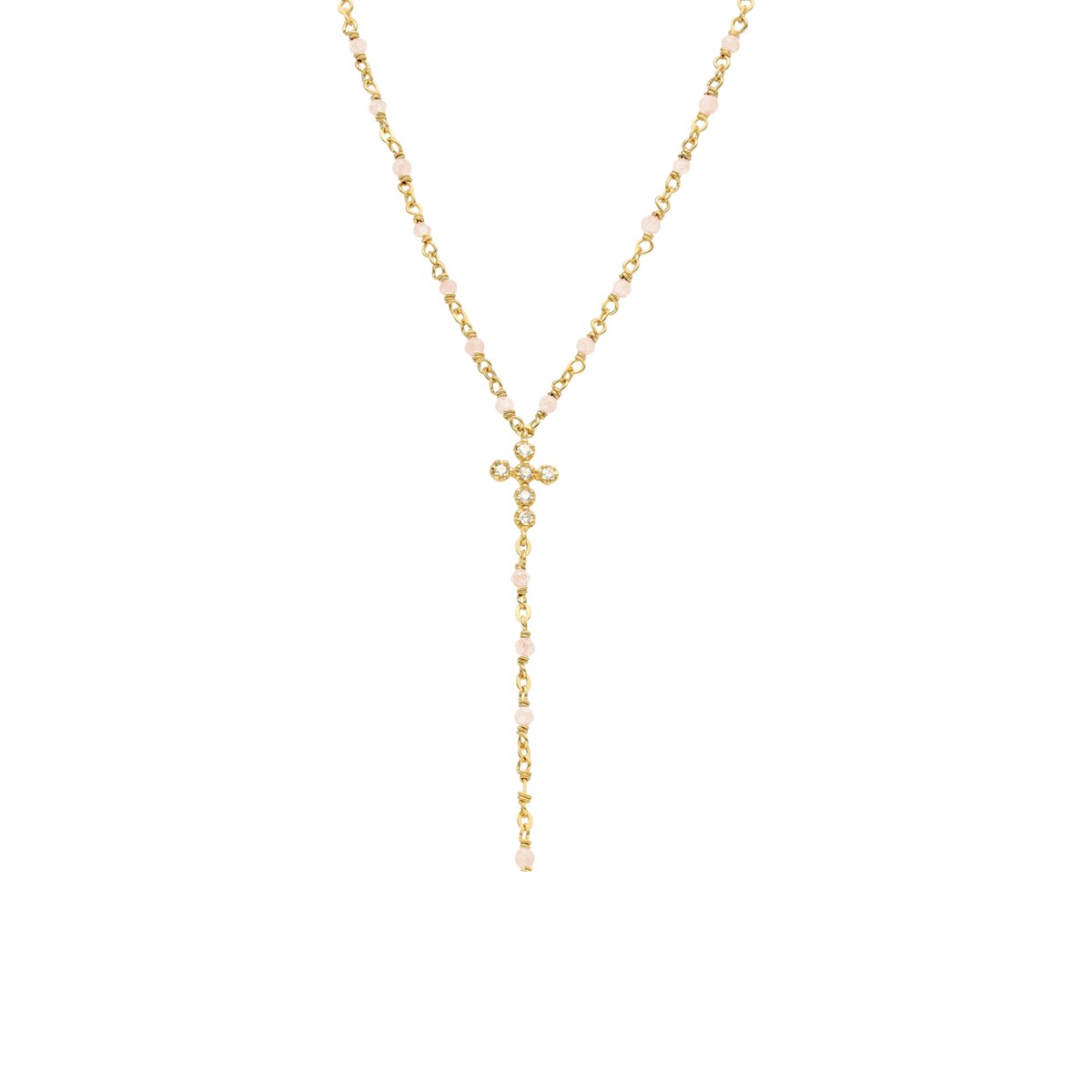 Collier Argent Doré Cravate Croix Et Pierres Opale Rose