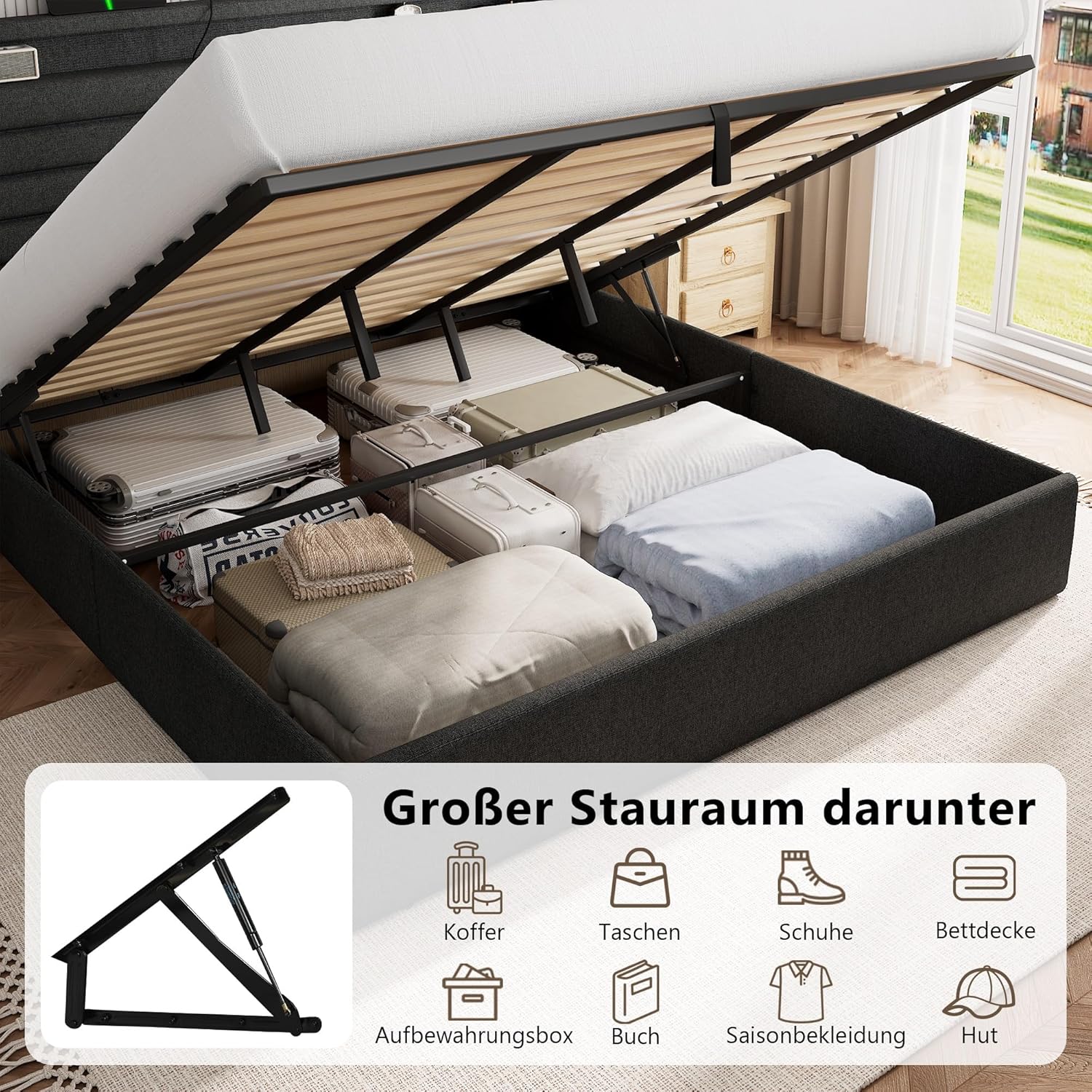 FEONASE Bett 180x200 mit Stauraum, Polsterbett 180x200 cm mit LED-Beleuchtung & Ladestation, Bettgestell mit Hydraulischem und Kopfteil Stauraum, Lattenrost, Ohne Matratze, Dunkelgrau