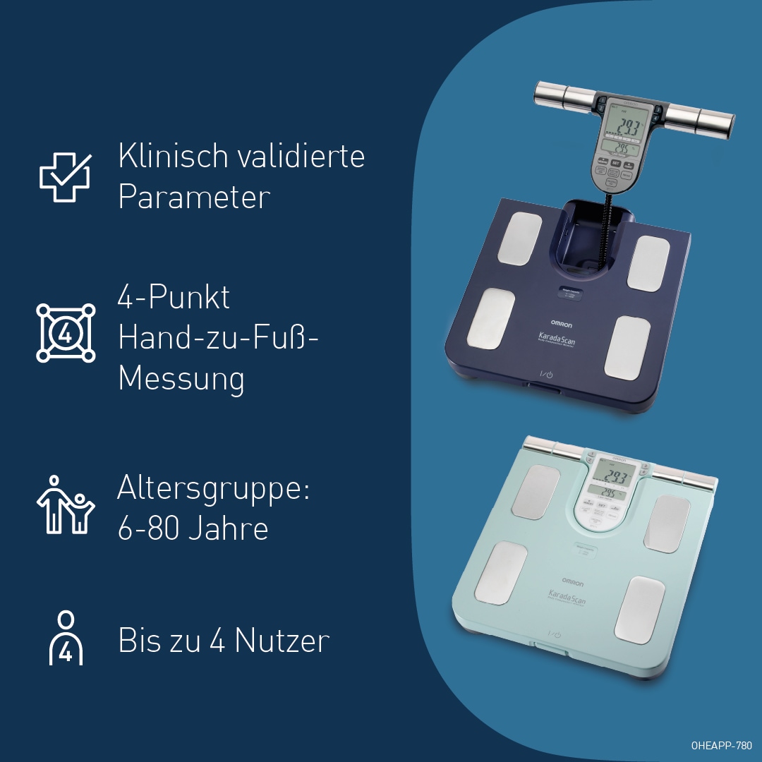 Omron Körper-Analyse-Waage »BF511 Ganzkörpermessung mit klinischer Genauigkeit, 8 Sensoren« Körper- & Viszeralfett, Muskelmasse, BMI & RMR, bis 150 kg, 4 Nutzer