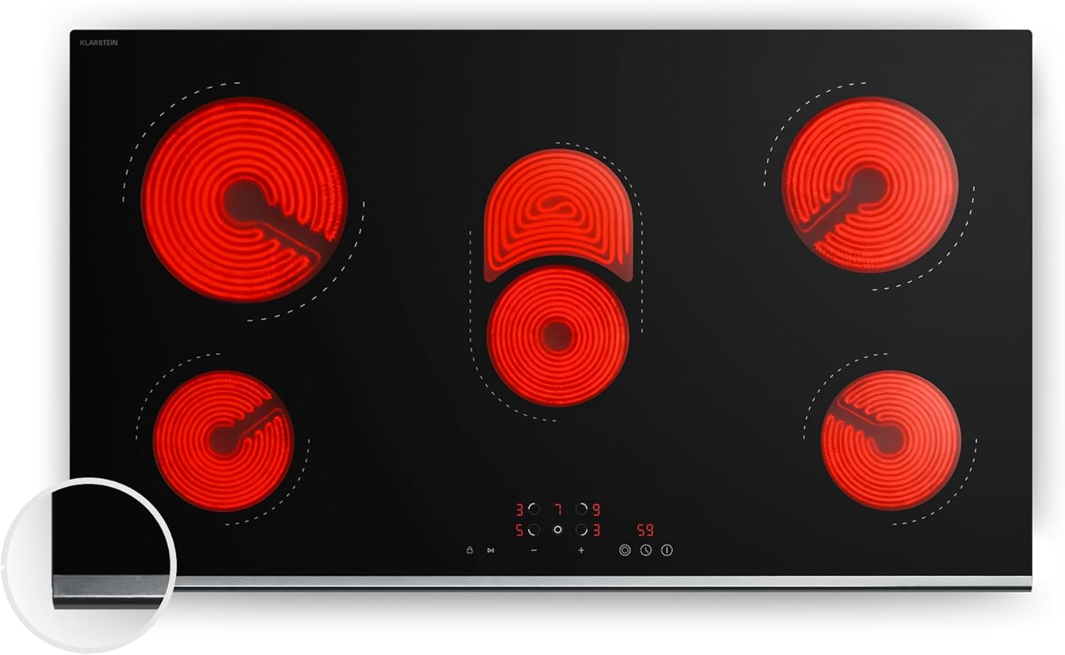 Klarstein Verosteel Glaskeramikkochfeld - 90 cm, 5 Zonen, 8400 W, Touch-Slider, Timer & Kindersicherung, Minimalistisches Design, Elektro Kochfeld, Restwärmeanzeige, Ceramica Oberfläche
