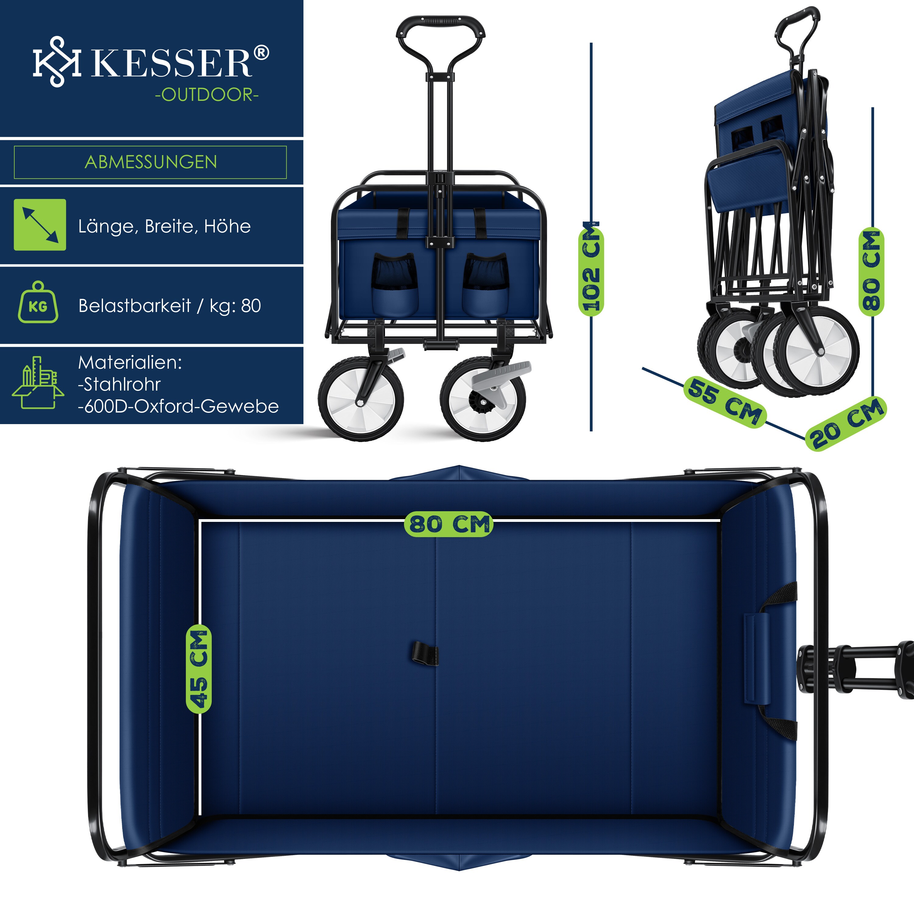 KESSER® Bollerwagen faltbar Handwagen Transportkarre Gerätewagen | inkl. 2 Netztaschen & Cover | klappbar | PVC-Reifen | bis 80 kg Tragkraft transportwagen Gartenanhänger ohne Dach