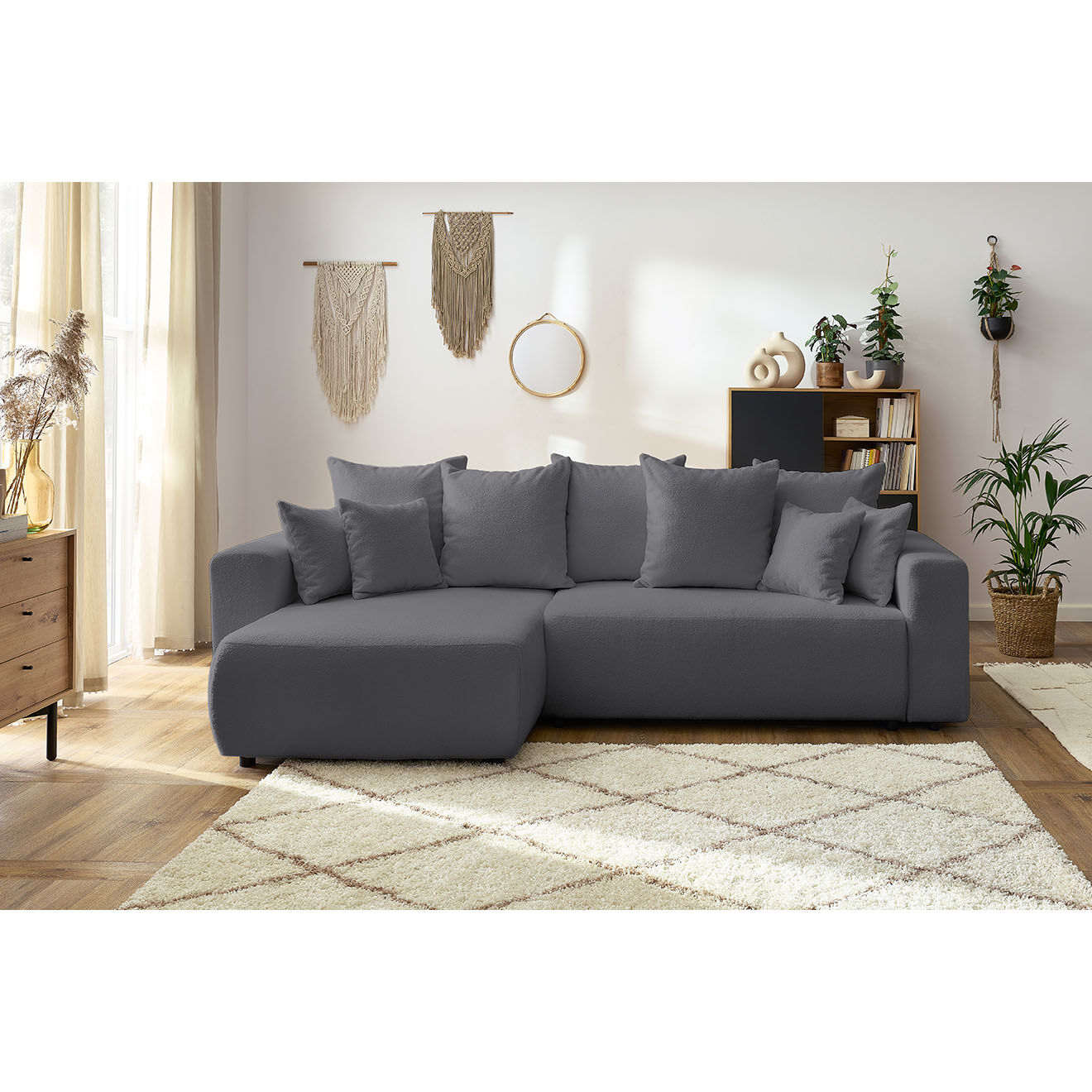 Bobochic Canapé d'angle convertible reversible bouclette Envy gris foncé - 282x153x95 cm
