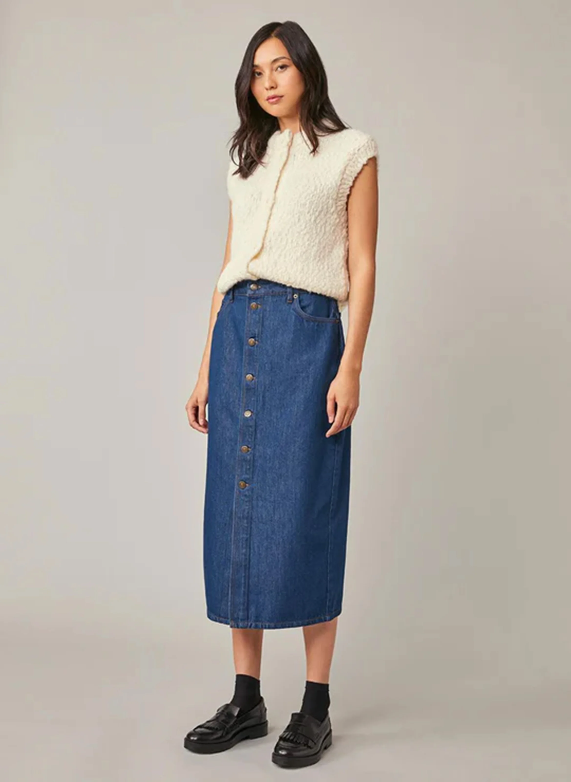FELICIA - Jupe midi droite en denim de coton mélangé | Bleu