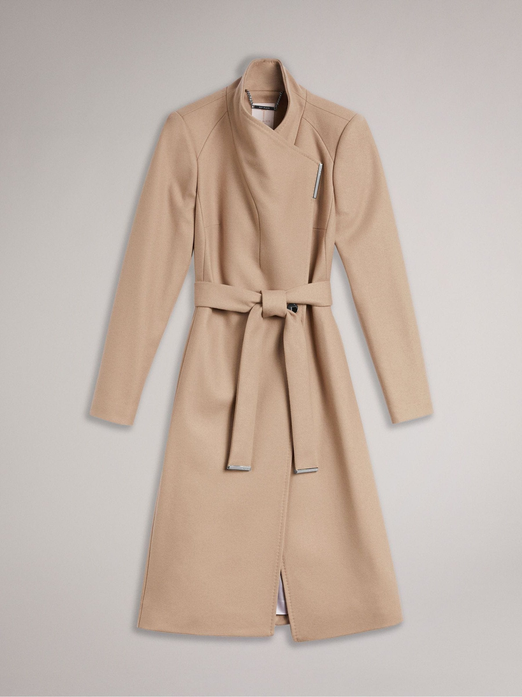Bruin - Ted Baker - Roze halflange wollen jas met overslag en riem