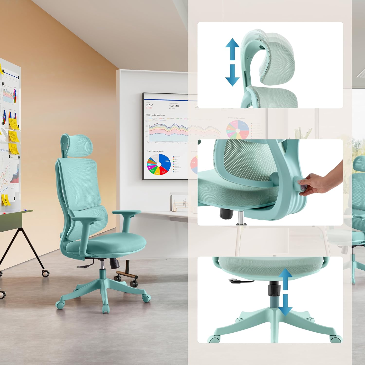 Bürostuhl Ergomy Colore – ergonomischer Schreibtischstuhl, atmungsaktiver Rückenlehne, Verstellbarer Lordosenstütze, 3D Armlehnen & Kopfstütze, Türkis