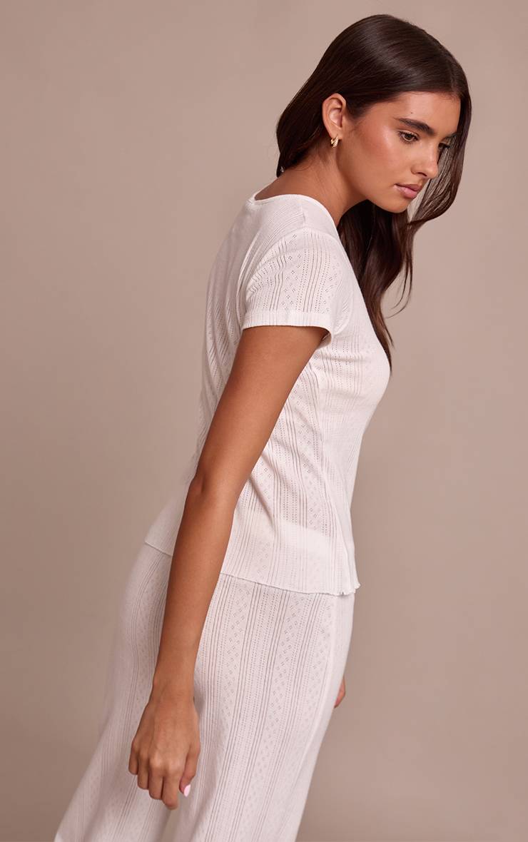Crème T-shirt Ajusté Long En Pointelle