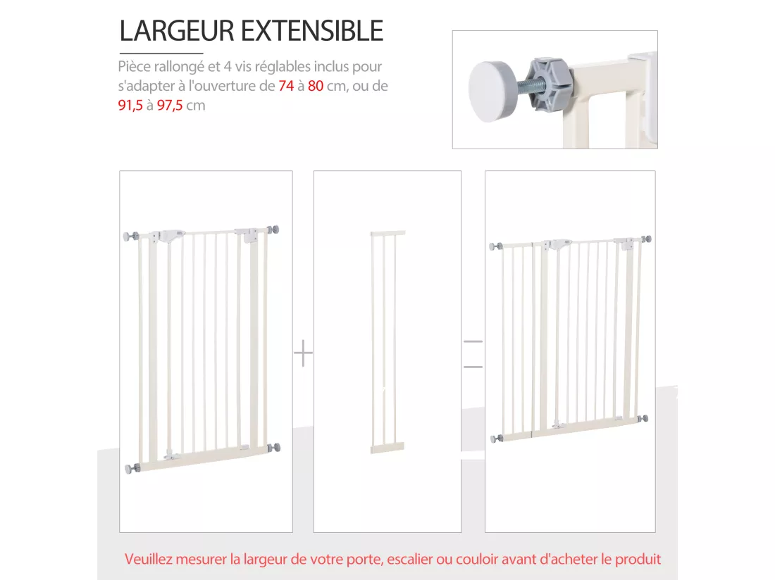 Barrière de sécurité longueur réglable dim. 74-84 cm ou 92-102 cm sans perçage métal plastique blanc