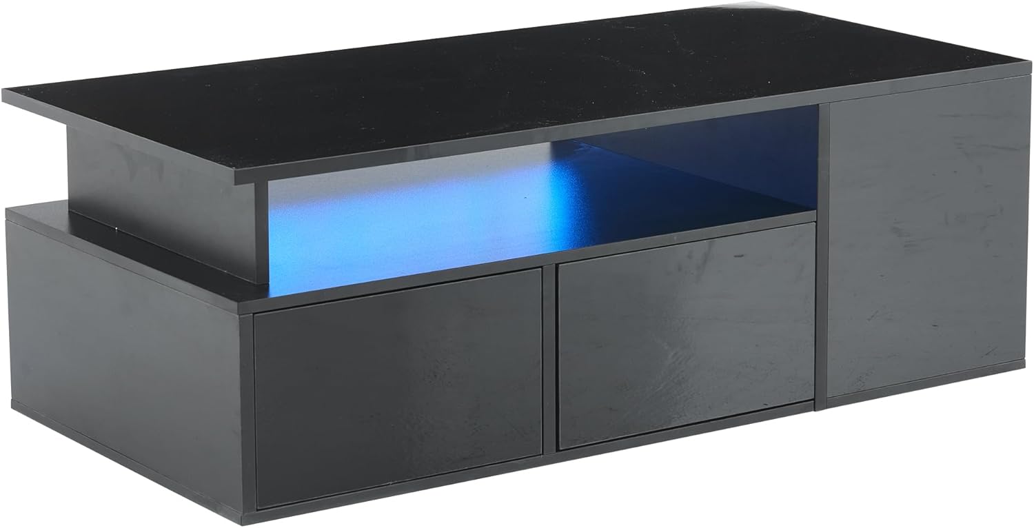BTM Couchtisch mit LED und Stauraum 100x50x35cm 60kg Tragkraft, 2 Schubladen und 3 Seitfächer App Steuerung, Schwarz Hochglanz