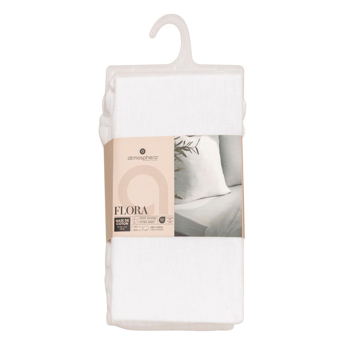 DRAP HOUSSE GAZE DE COTON BLANC 160X200CM