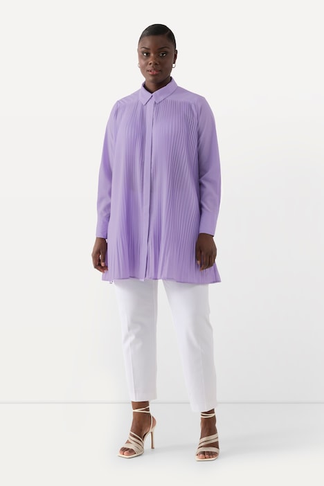 Bluse, Plissee, A-Linie, Hemdkragen, Langarm
