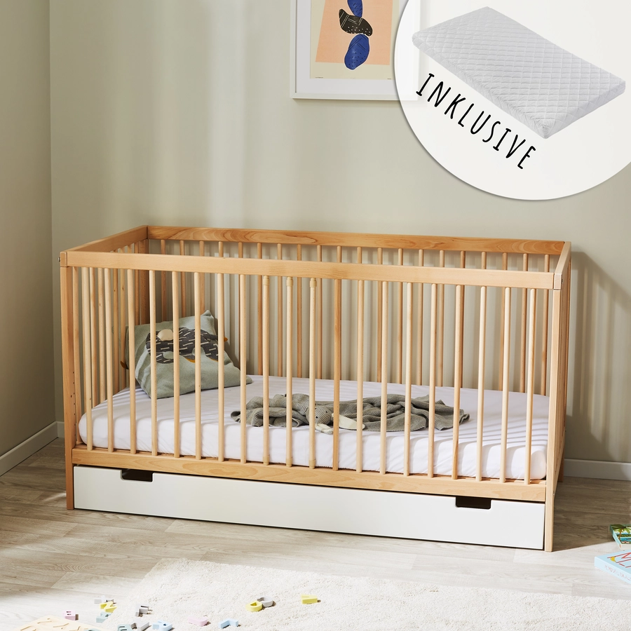 Kids Collective Babybett Gitterbett 60x120 | 70x140 höhenverstellbar & herausnehmbare Sprossen natur mit Schubl. und Matratze