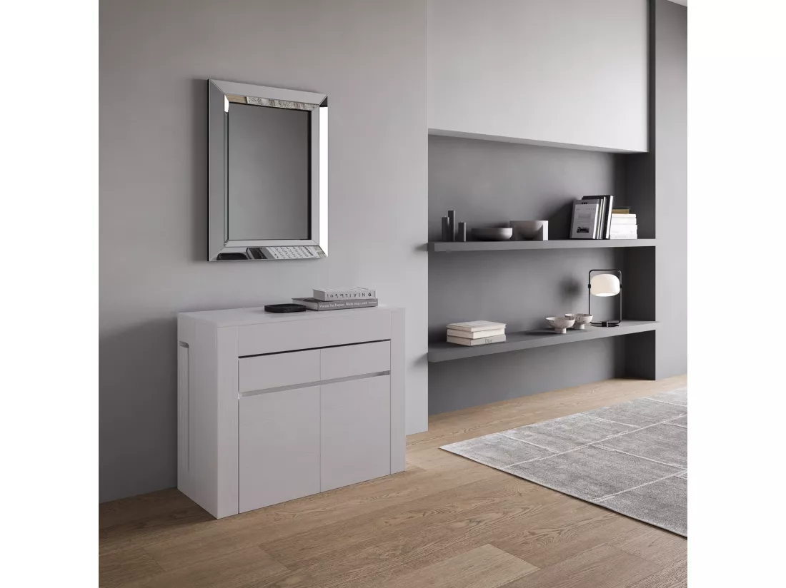 Console extensible 90x42/302 cm Evolve Frêne Blanc rallonges internes avec bancs inférieur et supérieur