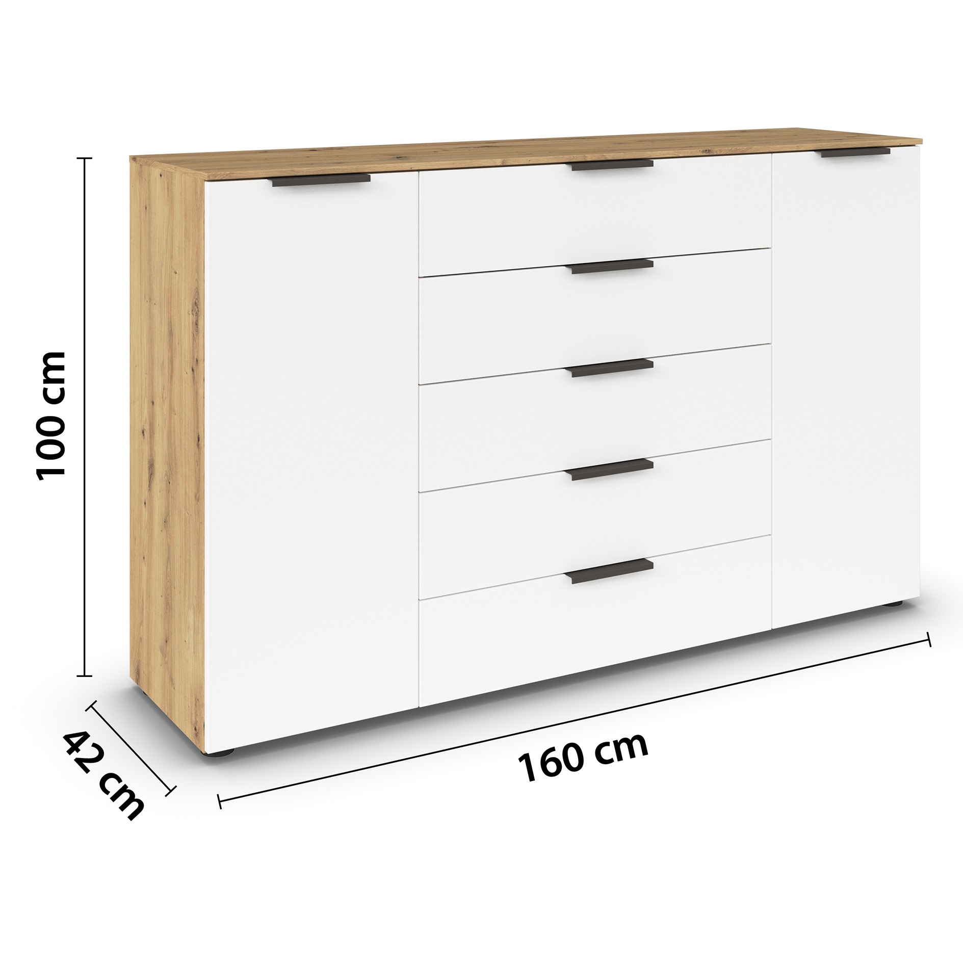 Kommode - Artisan Eiche-alpinweiß - Graphitgriffe - 160 cm