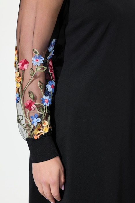 Jerseykleid, A-Linie, bestickter Mesh-Langarm