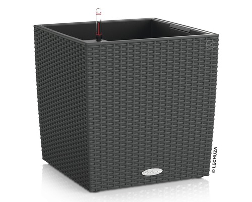 Lechuza Cube Cottage plantenbak, kunststof, 30x30x30 cm, granieten afwerking, inclusief zelfbewateringssysteem en waterniveau-indicator.