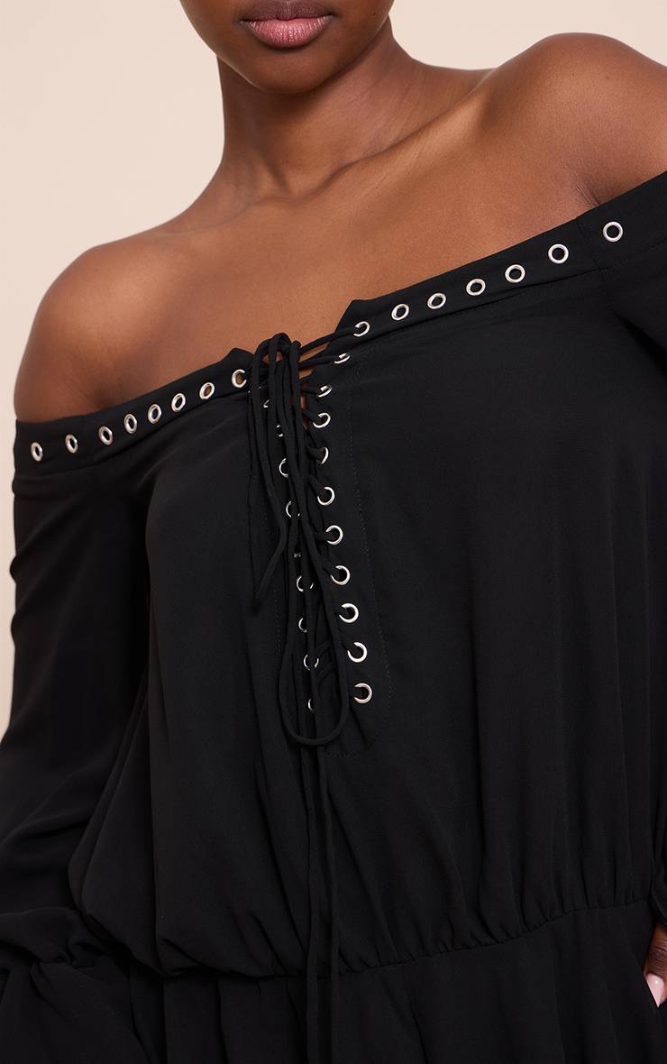 Noir Combishort Fluide Bardot En Mousseline À Manches Longues