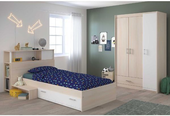 CHARLEMAGNE - Complete Kinderkamer - Licht en Witte Acacia Decoratie - Hoofdbord Bed Kledingkast