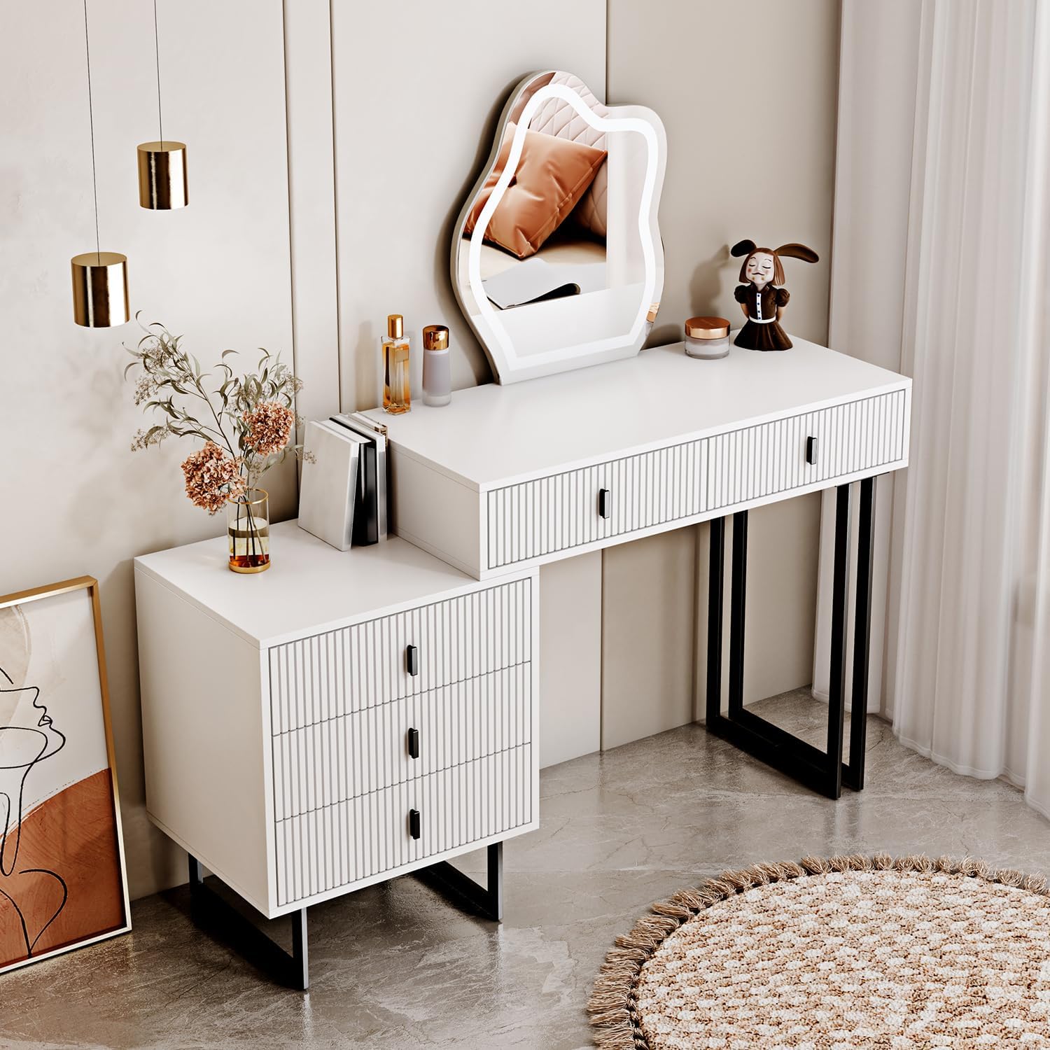 Cômoda leejdn com espelho regulável com tela sensível ao toque de 3 cores, penteadeira moderna para maquiagem com armários ajustáveis e 4 gavetas deslizantes, ideal para lavabo e quarto.