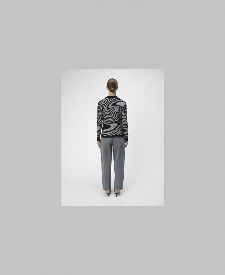 Object OBJRAY L/S KNIT PULLOVER AOP NOOS Black/medium grey melange zebra