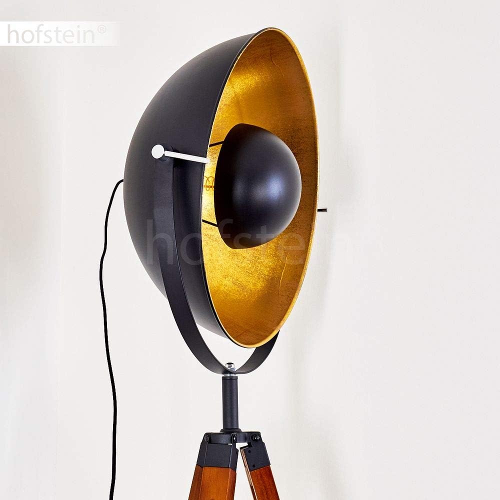 Stehlampe Jupiter, Vintage Stehleuchte in Schwarz/Gold aus Metall m. Gestell aus Holz, Ø 55cm, E27-Fassung, verstellbare Bodenleuchte im Retro-Design, ohne Leuchtmittel