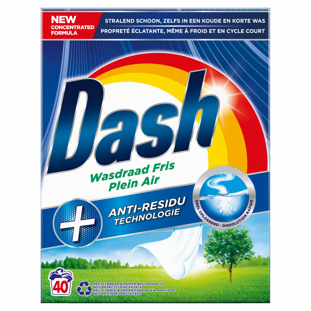 3x Dash Waspoeder Wasdraad Fris 40 Wasbeurten2,4 kg