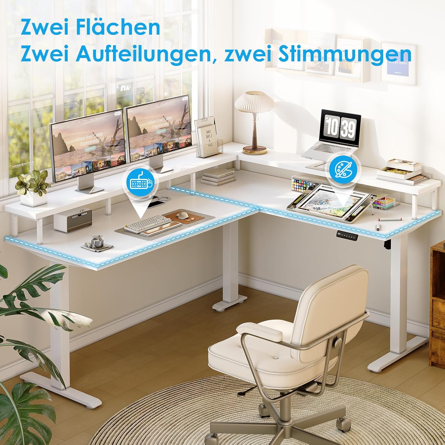 OffiGo Eckschreibtisch Höhenverstellbar, 150x120cm Schreibtisch Höhenverstellbar mit Steckdose, Elektrischer Schreibtisch L Form mit Monitorständer, Weiß
