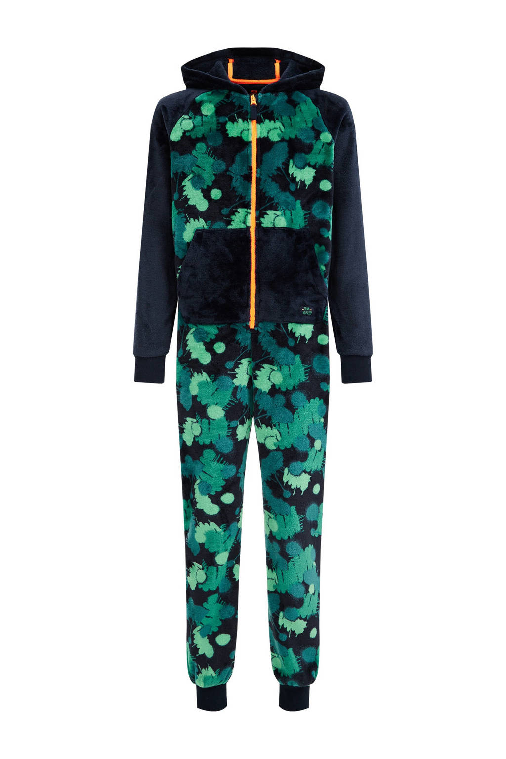 WE Fashion fleece onesie met all over print donkerblauw/groen