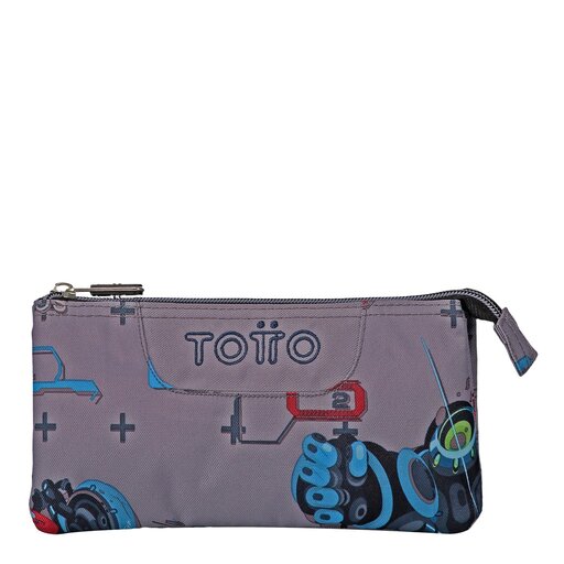 Estojo Totto cinza com 3 compartimentos, estampa de robôs e quadro.