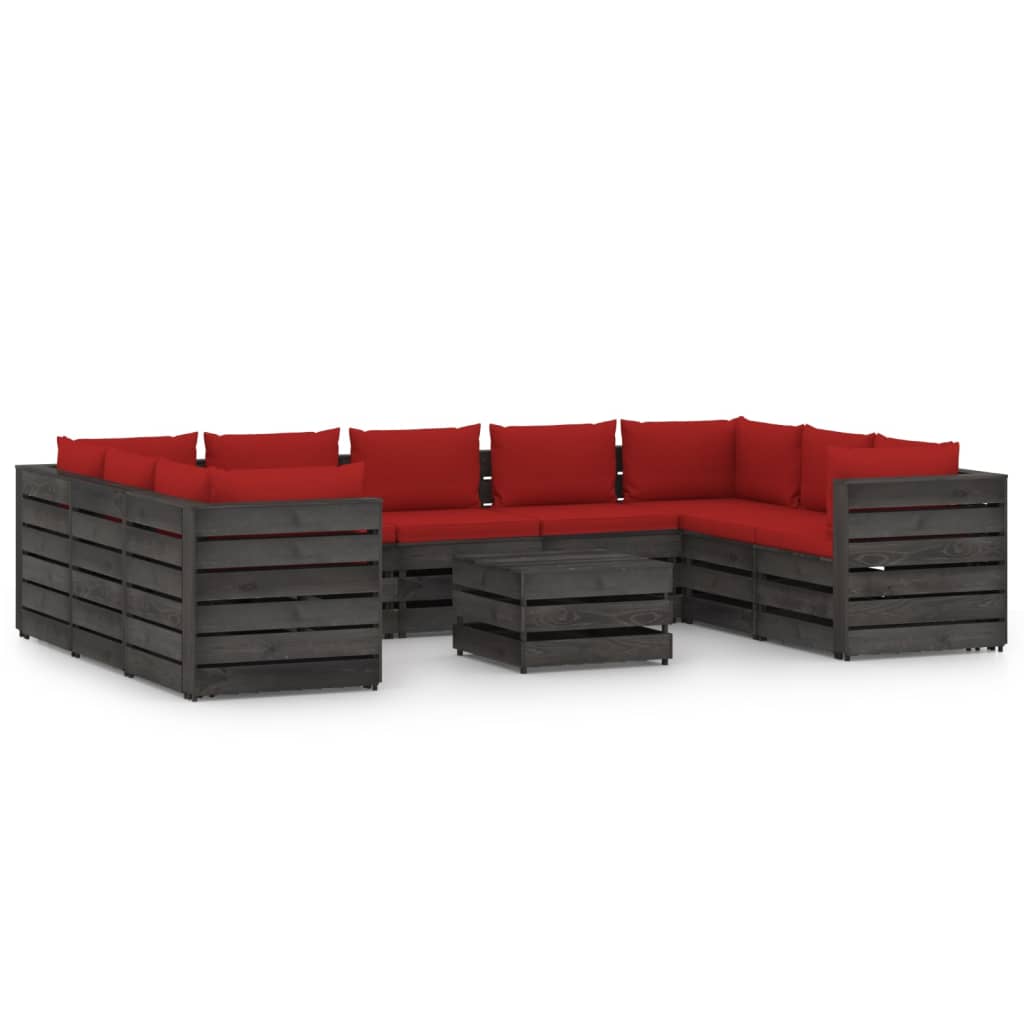 Salon de jardin meuble d'extérieur ensemble de mobilier 10 pièces avec coussins bois imprégné de gris