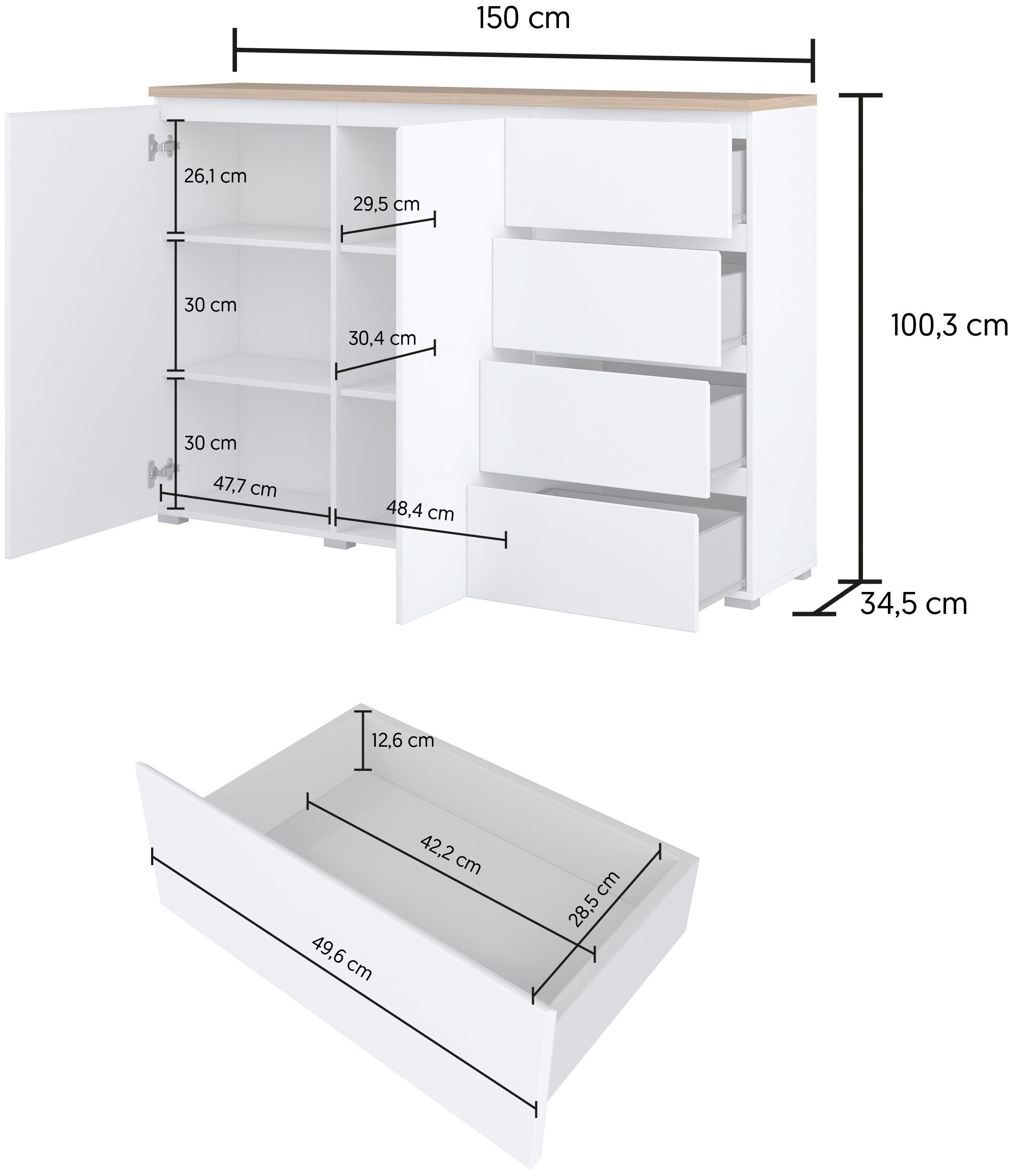 INOSIGN Highboard »Modo, Breite 150 cm, moderne grifflose Kommode 2Türen/4 SK« Schubladenkommode mit viel Stauraum, Einlegeböden verstellbar