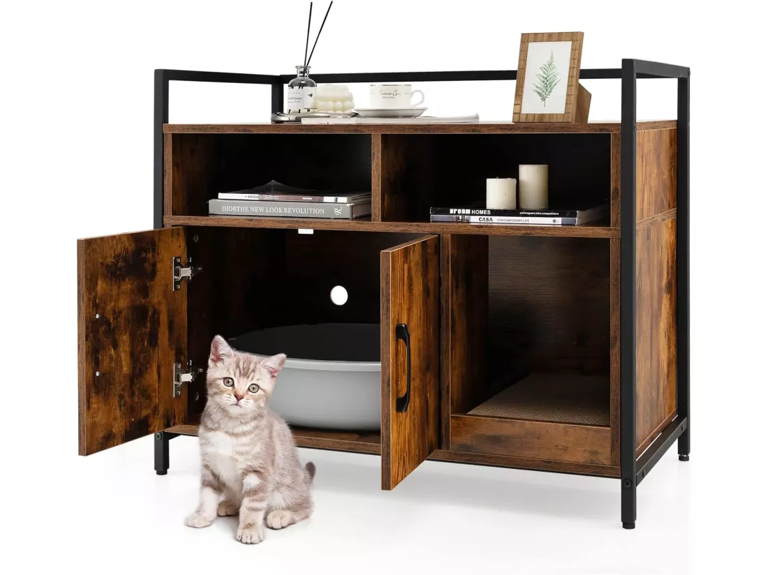 Meuble Litiere Chat Griffoir Amovible Industriel, 89x45x74,5cm Café
