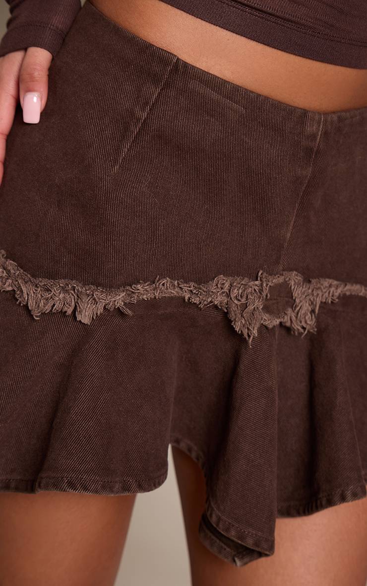 Chocolat Mini Jupe En Denim À Ourlet Mouchoir Avec Détails De Coutures