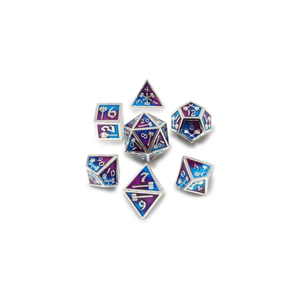 Set de 7 Dés JDR Répliquant : Haches - Nickel bleu et violet